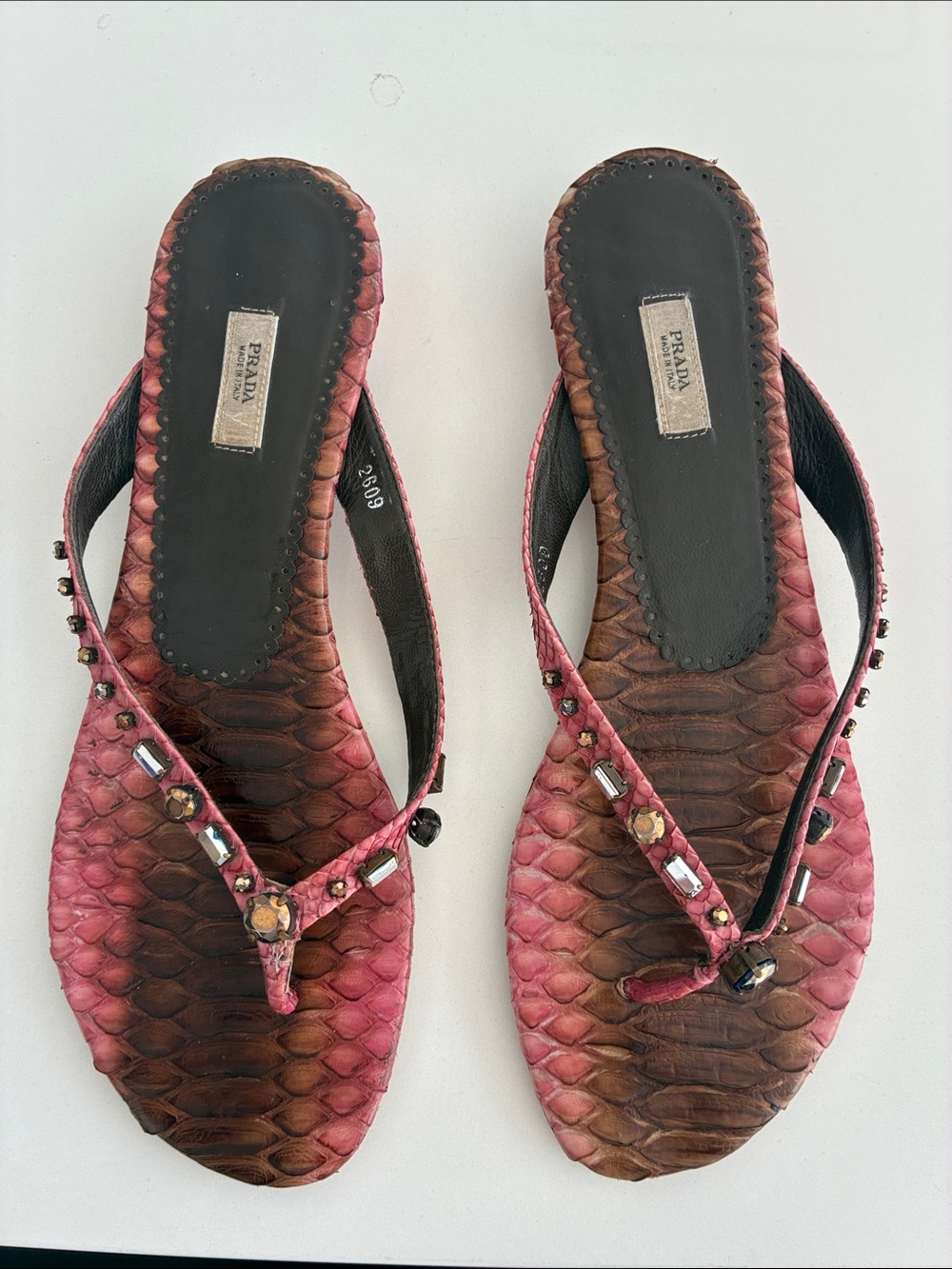 Y2K Vintage Prada Pink Snakeskin Studded Thong Sandals